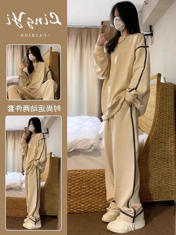 ハイエンドのカスタマイズ-セクシーなスポーツウェアスーツ女性のための秋大きいサイズルーズファッショナブルなスウェットシャツカジュアルツーピースセット脂肪mm2-300ポンド