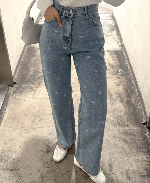 デニムパンツ リボン柄 Gパン ハイウエストパンツ 個性的 韓国 レディース オルチャン ストレートパンツ 春 夏 秋 冬 カジュアル 体型カバー 総柄パンツ 通学 学生 20代 30代