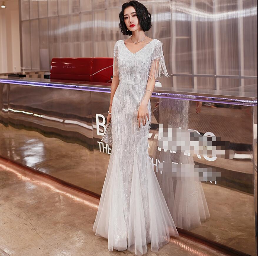 お买い得 高級感 マーメイドドレス スパンコール キラキラドレス イブニングドレス Vネック フリンジ ウェディングドレス 二次会 エレガントマキシ丈ドレス 成人式 結婚式 パーティードレス 30/4 4,697円