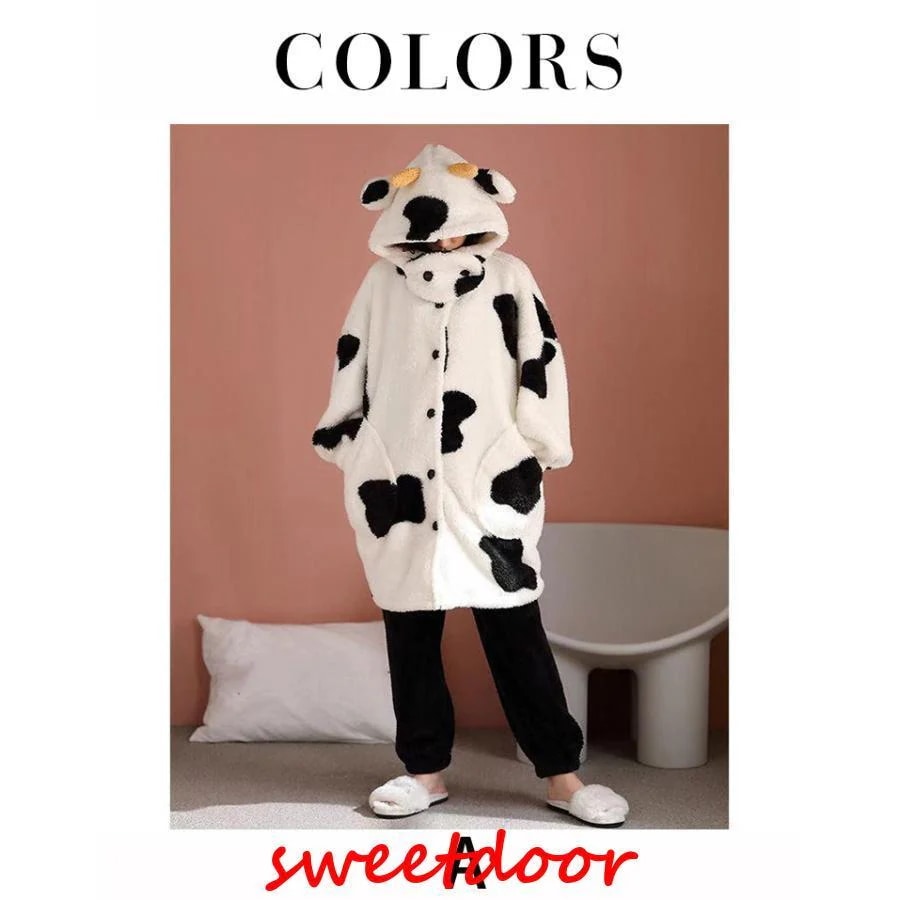 ガウン レディース 冬 裏起毛 ウェア 牛 着ぐるみ 年賀状 牛柄パジャマ 上下セット モコモコ 部屋着 ふわふわ 厚手 長袖 長ズボン 可愛い 動物