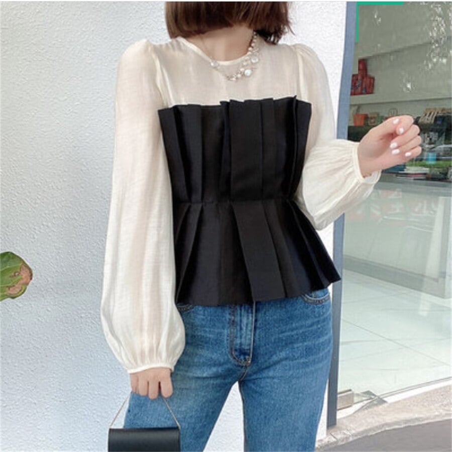 ブラウス 2色 長袖 バイカラー ビスチェ風 無地 エレガント系 きれいめ ファスナー 透け感 ラウンドネック 大人可愛い フェミニン ママ服 30代 40代 レディースファッション