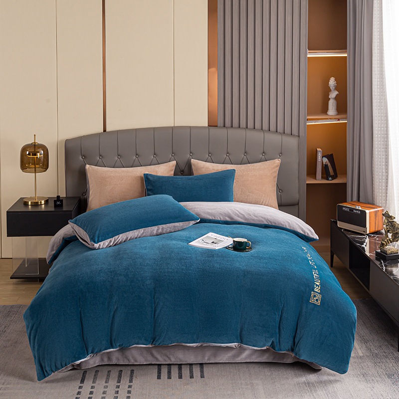 ソリッドカラーの増粘ミルクベルベット4点セット刺繍入り高重量両面ベルベット寝具カバーシングル3点セット