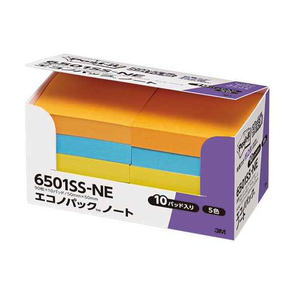 (まとめ) 3M ポストイット エコノパック 強粘着ノート 50×50mm ネオンカラー5色 6501SS-NE 1パック(10冊) (×10セット)