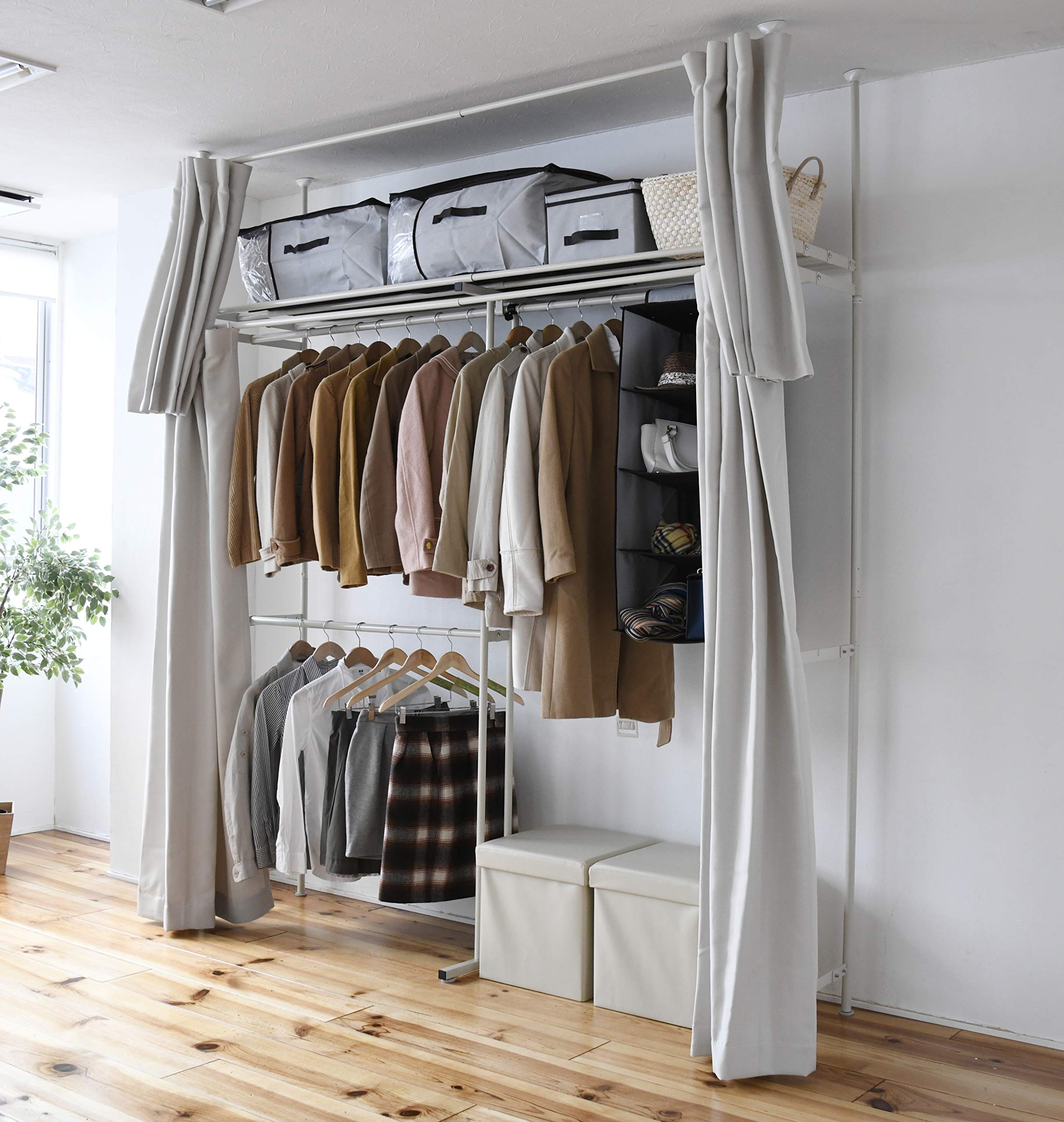 伸縮式突っ張り クローゼットハンガー ワイド カーテン付 大量 収納
