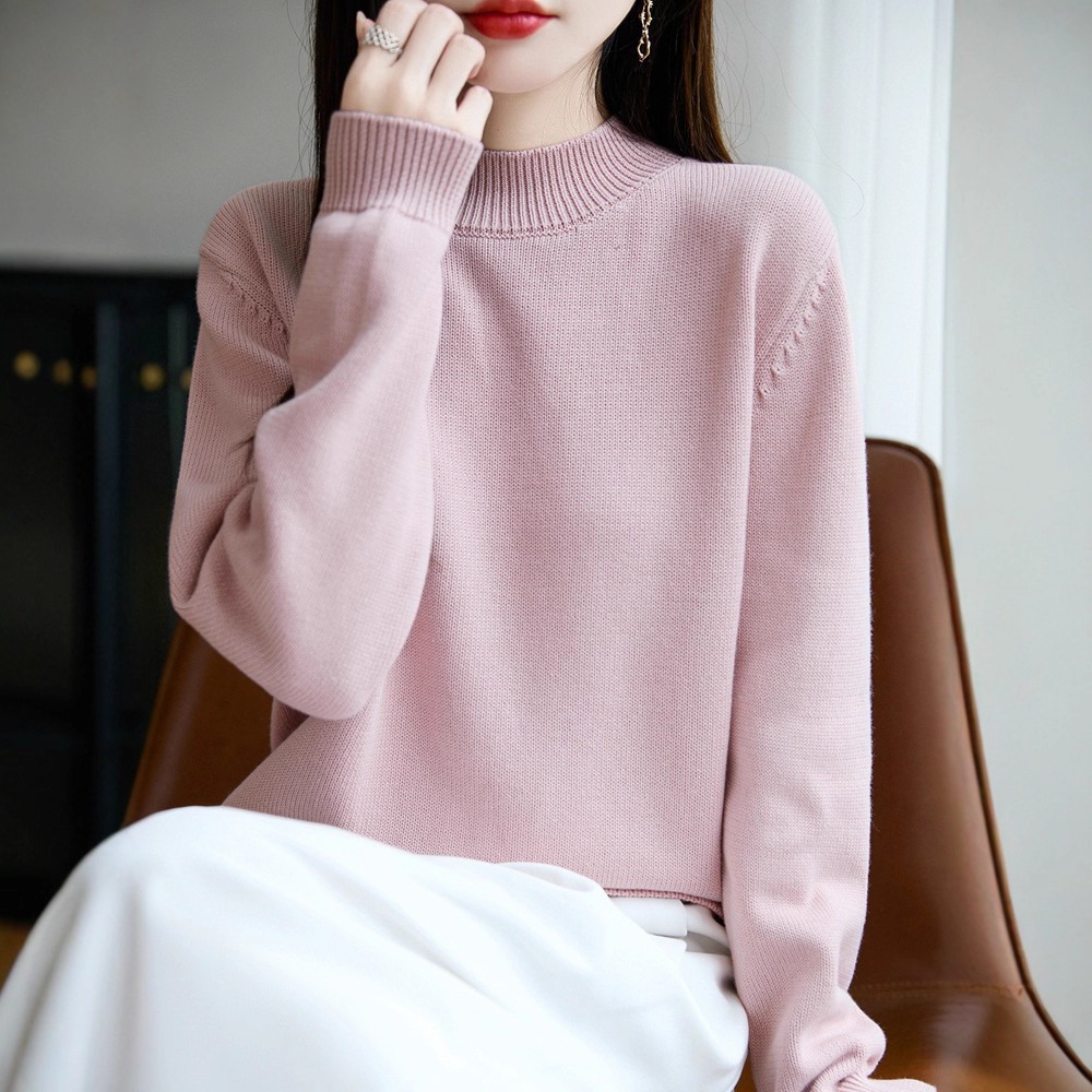 2025年秋冬新作 ピュアコットン ハーフハイ ラウンドネック ニットセーター 長袖 無地 ゆったり 万能 ベースレイヤートップ