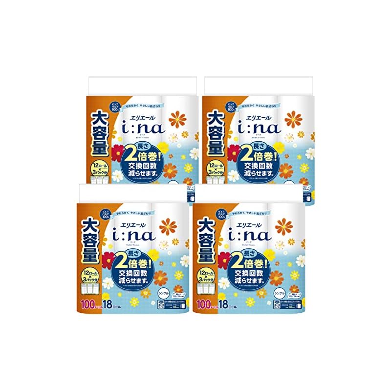 【即納】エリエール トイレットペーパー i:na(イーナ) 2倍巻き 100m72ロール(18ロール x 4パック) シングル パルプ100% 華やぐフローラルの香り【ケース販売】