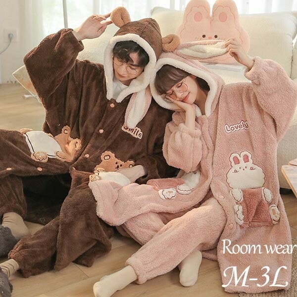 前開き 韓国 ウサギ うさ耳 クマ耳 もこもこパジャマ レディース 暖かい フード付き モコモコ あったか 冬 可愛い かわいい 長袖 ルームウェア 着る毛布 もこもこ モコモコパジャマ ペアパジャマ