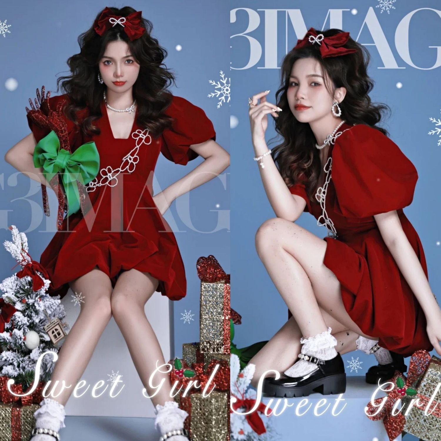 新しいクリスマス写真テーマ服装ファッションかわいい清新な唯美少女新年芸術写真赤いドレス