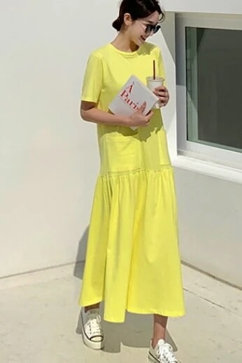 半袖Tシャツワンピース ワンピース フレアスカート ロング丈 l Uネック フレア 切り替えデザイン 綿 かわいい シンプル カジュアル おしゃれ 無地 春 夏 10代 20代 30代 40代 お出