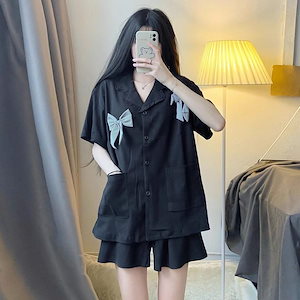 パジャマ 夏 韓国ファッション 半袖半ズボン黒リボン 部屋着 2点セット
