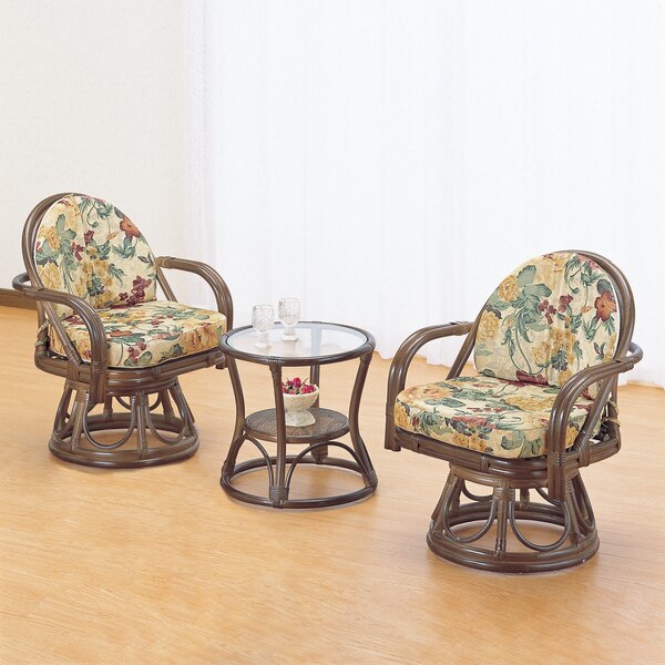 籐 回転座椅子丸テーブル リビング3点セット ラタン家具 テーブルセット チェア 360度回転 完成品 籐家具 コーヒーテーブル 椅子 アジアン クッション付き