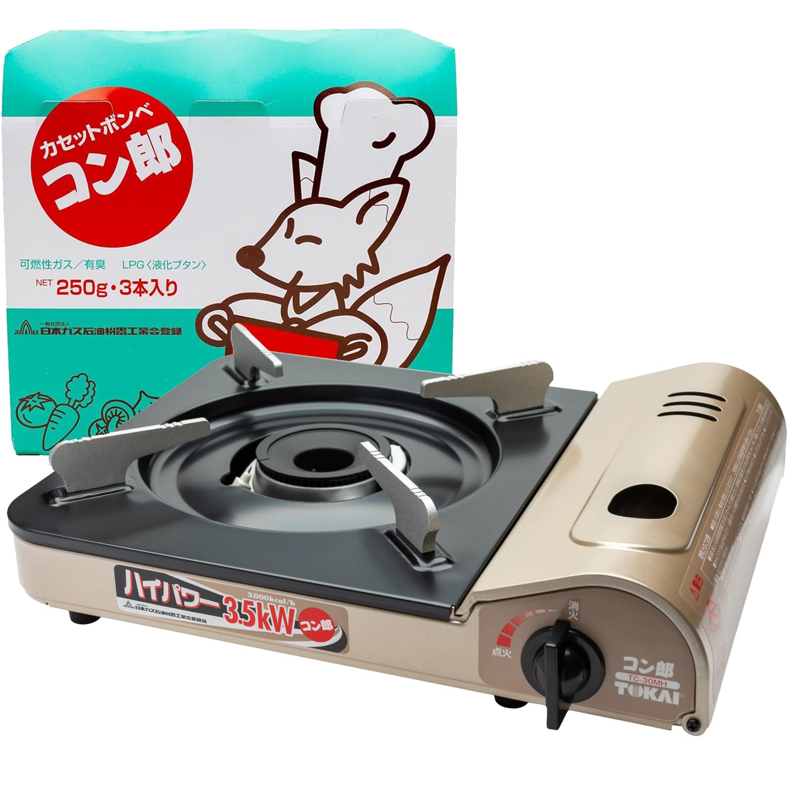tokai(トウカイ) 東海 カセットコンロ コン郎 3.5kW 高火力 ベージュメタリック ガスボンベ 250ml(1本あたり) ×3本入 TC-30MH 【コンロ・ボンベセット商品】