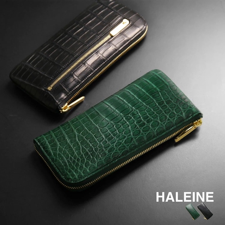 クロコダイル メンズ 長財布 日本製 L字ファスナー HALEINE 鰐革 本革 財布 マット 加工 ゴールド 金具 アウトポケット 付き JRA ブランド アレンヌ プレゼント ギフト (06001