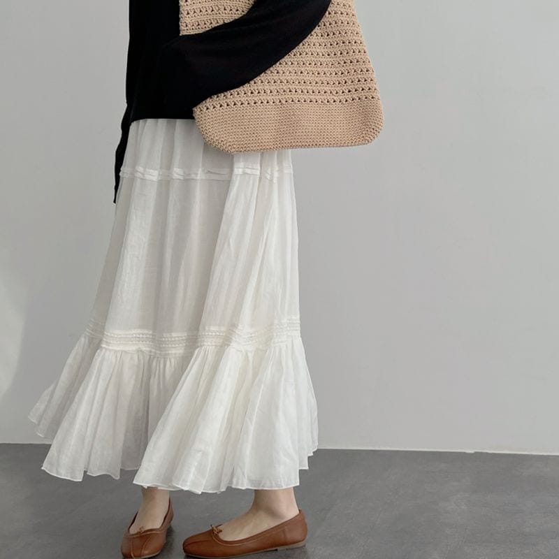 マキシスカートA字ミディアムケーキ半身スカート白スカート韓国ファッション脚魅せミニスカート
