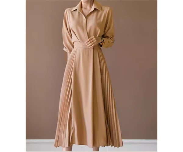 レディース ワンピース プルオーバー シャツワンピ ミモレ ロング 長袖 襟付き ポロカラー Aライン プリーツ シフォン ウエストマーク ハイウエスト ボタン 大人可愛い きれいめ シンプル