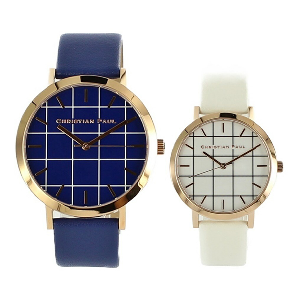 【ペア時計収納BOX付き】クリスチャンポール 腕時計 手表 ペアウォッチ メンズ レディース グリッド 格子柄 チェック ブルー ホワイト レザー 青 白 天然皮革 GR-07GRL-03 誕生日プレ