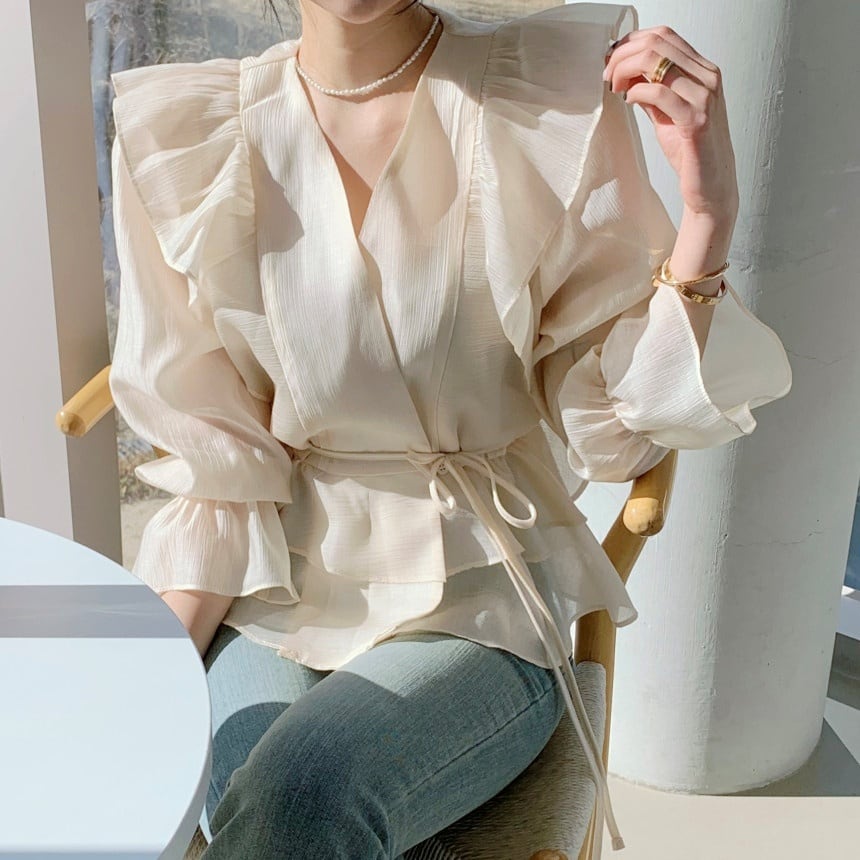 4color レディース トップス シャツブラウス シフォンブラウス フリルブラウス 袖あり 長袖