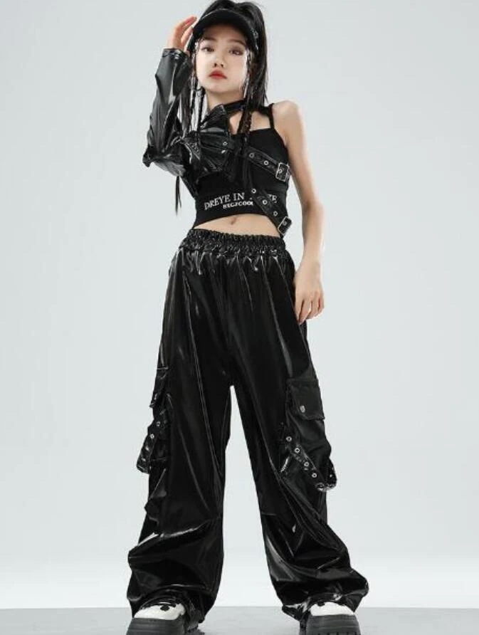 女の子ダンス衣装　ヒップホップジャズダンスウェア　女の子臍出しｔシャツ　ロング丈puパンツ　2点セット/３点セット/５てんセット チアガール　女の子hiphopjazzダンス衣装　ステージ演出服　キッ