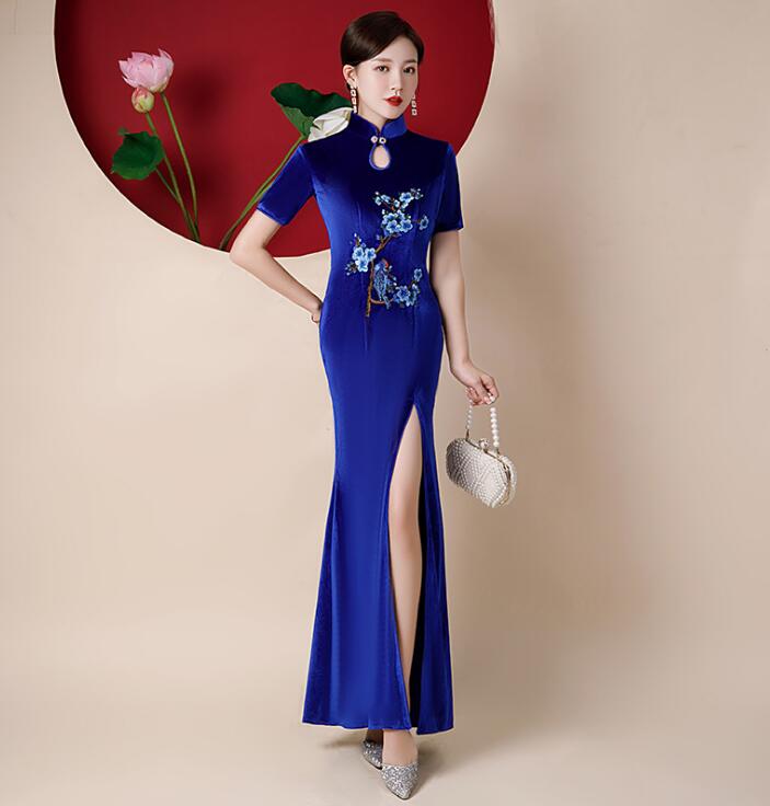 チャイナドレス ブロード ロング丈チャイナドレス 高級 中華服 マキシ丈 チャイナ服 スリット入り セクシー 細身ドレス 梅花柄 花嫁 謝恩会 披露宴 お呼ばれ 大きいサイズ パーティードレス