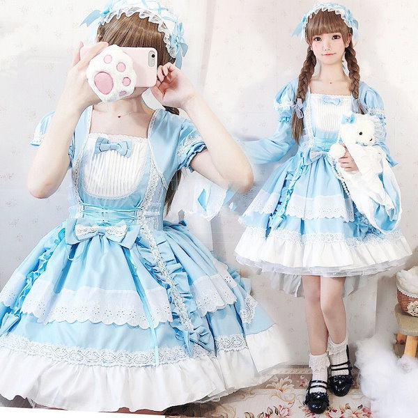 9935ロリータ服　ロリィタ　ドレス ワンピース メイド服 ゴスロリ　燕尾　テール　水色　赤　黒