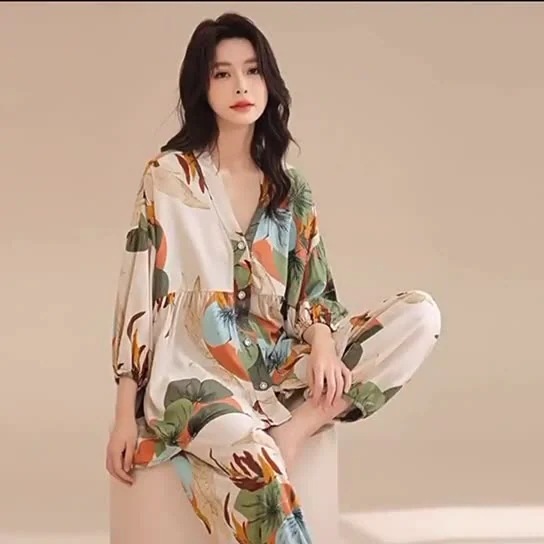 涼しく楽ちんセットアップ 春と夏の新しい綿とシルクのパジャマセットレディース7分袖大きいサイズゆったり空調服ホームウェアツーピースセット