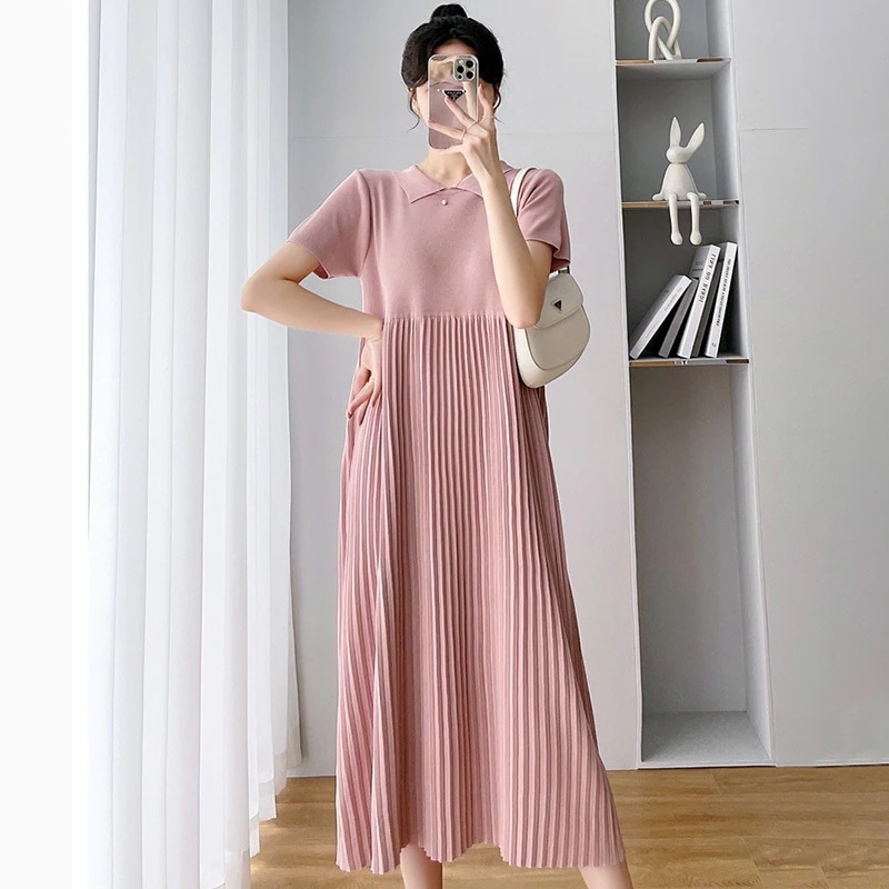 ワンピース カットソー ニットソー ワンピドレス ミモレ ミモレ丈 半袖 襟付き ポロカラー ストレート Aライン 切り替えデザイン プリーツ ハイウエスト 伸縮性 かわいい 大人可愛い きれいめ