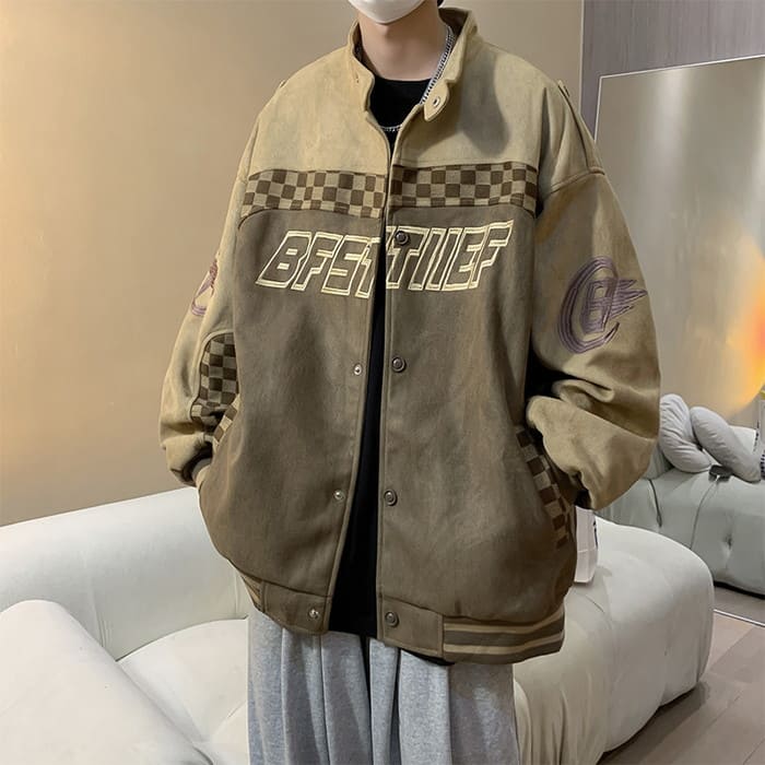 韓国メンズブルゾンジャケットブロック格子柄アクセント中学生高校生秋春アウターロゴスタンドネックストリート通勤通学レジャー旅行1020