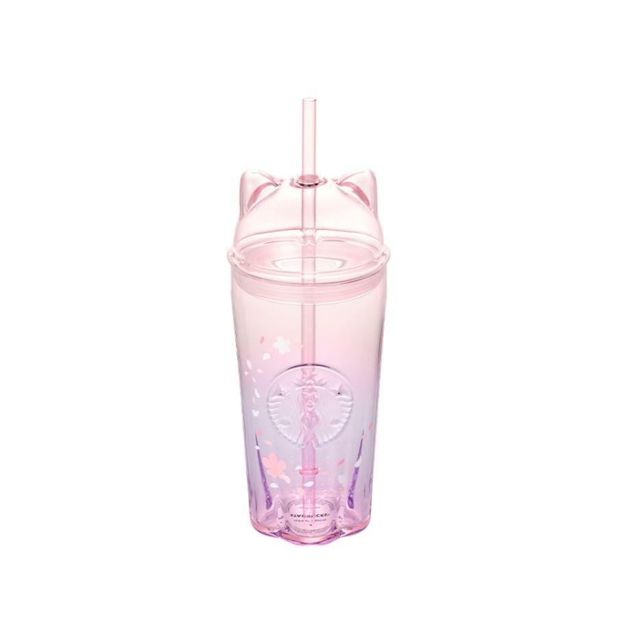 ブルーミング キャット グラス コールドカップ 500ml 韓国限定 スターバ グッズ グランデサイズ 猫耳 ストロー付き 冷飲専用 持ち運び 桜
