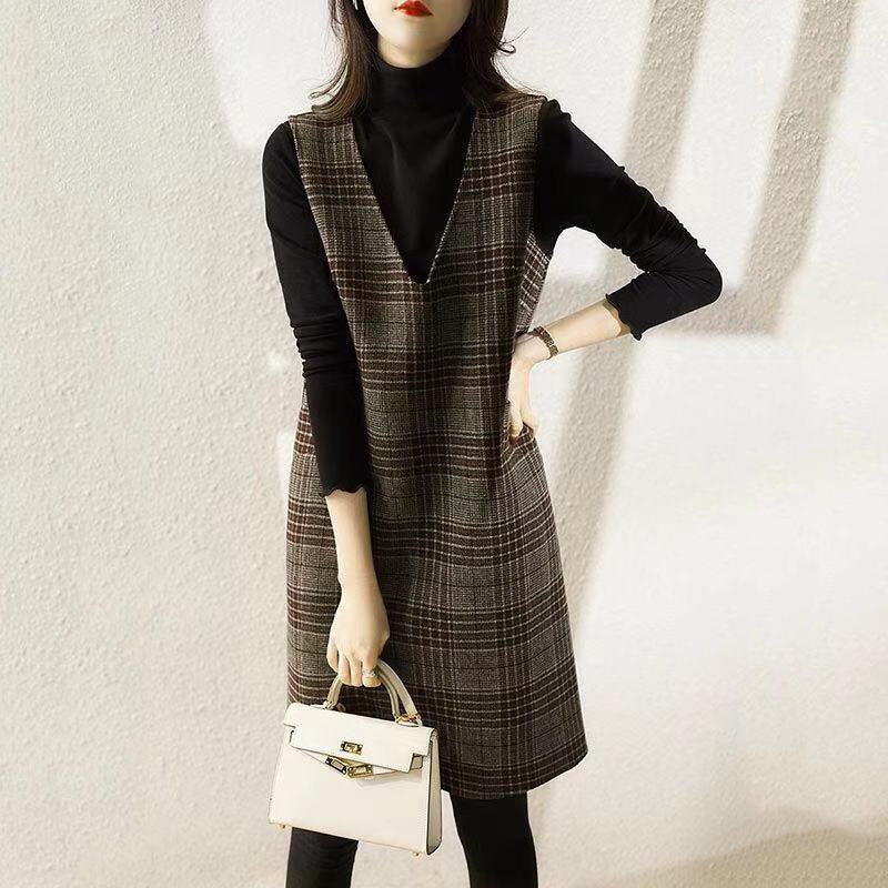 ジャンパースカート チェック柄 Vネック ノースリーブ ストレートドレス レディース 新作 春秋 両面ツイード ベストスカート ミドル丈 プルオーバー Aラインスカート 後ろファスナー ポケット