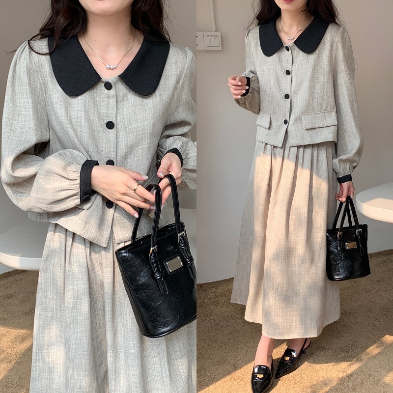 春 新作 セットアップ 上下セット アウター 小香風 ジャケット ショート おしゃれ スカート プリーツ 開襟 色切り替え 気質 高級感　 ゆったり 百掛け