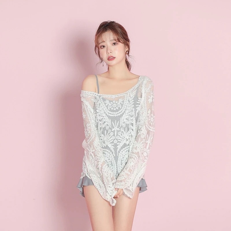 ひんやりボトムス オールインワン 水着 日焼け防止 長袖 2点セット 角のある水着 体型カバー 韓国ファッシ