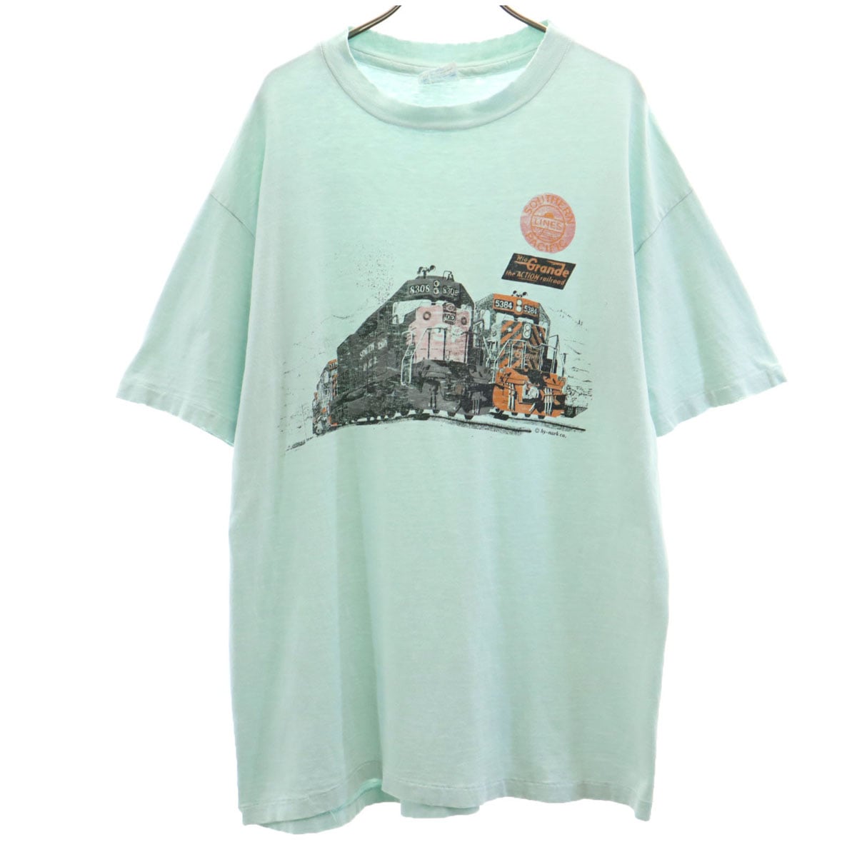 80s 90s USA製 オールド 鉄道プリント 半袖 Tシャツ XL ミント系 シングルステッチ BEEFY-T メンズ 古着
