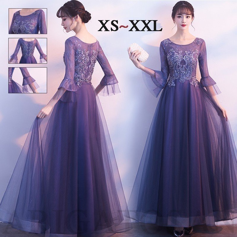 ロングドレス 演奏会パーティードレス 刺繍ドレス 袖あり レース 結婚式 ピアノ 発表会 お呼ばれ