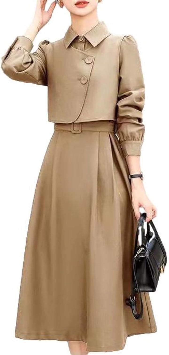 セットアップワンピース 同色ベスト＋ベルト付き ミモレ丈 きちんと感 オフィス 入学式 お出かけ 大学生 可愛い かわいい オルチャン 清楚系 フェミニン 秋物(ベージュ, L) 6,582円