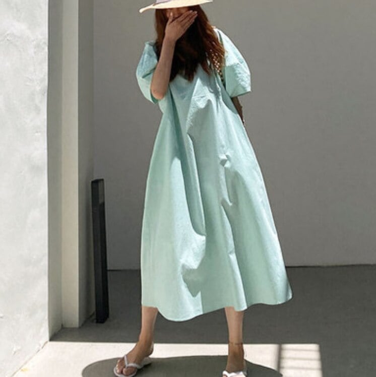 ワンピース 袖あり かわいい 大人可愛い きれいめ シンプル カジュアル 大人 上品 おしゃれ ラウンドネック 半袖 フレア ロング丈 無地 休日 公園 旅行 ママ マタニティ 体型カバー ベージュ