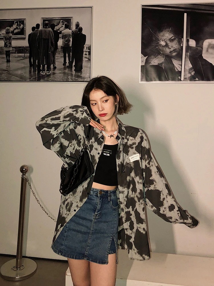 シャツ ブラウス カットソー レディース 長袖 襟付き シアー かわいい 大人可愛い きれいめ かっこいい 存在感 個性的 派手 タイダイ 夏 デート 女子会 学生 リゾート 旅行 グレー トップス