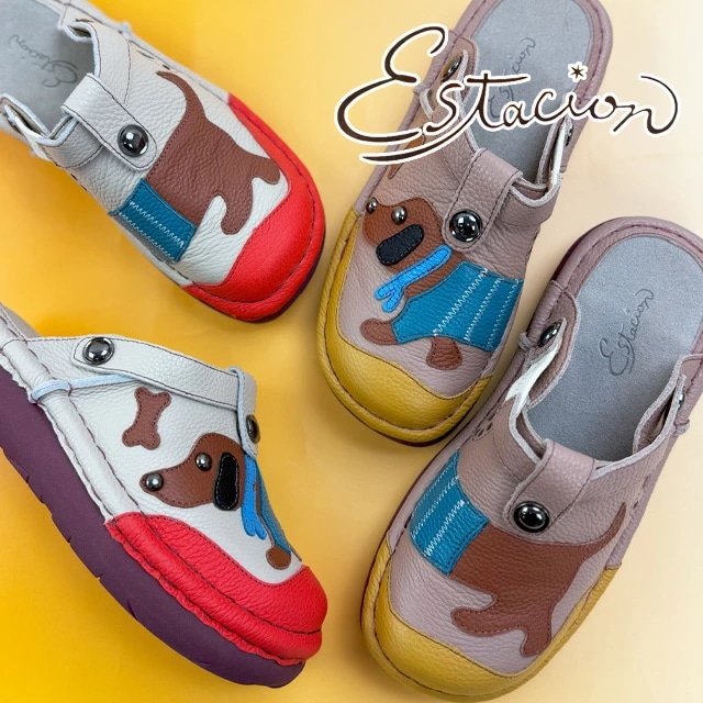 エスタシオン レディース クロッグサンダル ワンちゃんモチーフ 本革 2WAY 疲れない サボサンダル 痛くないカジュアルシューズ 履きやすい TGE599 アイボリー オーク 靴 送料無料