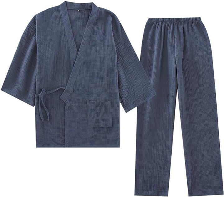 作務衣 メンズ 浴衣 甚平 綿100 寝間着 7分袖 大きいサイズ 秋( グレー, L)