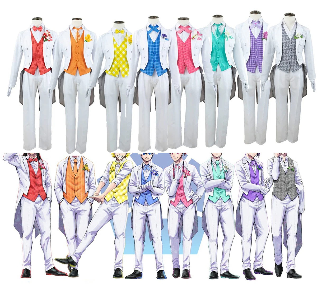 原画展シリーズ カクテルドレス+ウィッグ 御影玲王 Reo 凪誠士郎 千切豹馬 蜂楽廻 馬狼照英 糸師凛 タキシード着スーツ コスプレ衣装 ハロウィン イベント 仮装 アニメ祝日贈り物 男女兼用