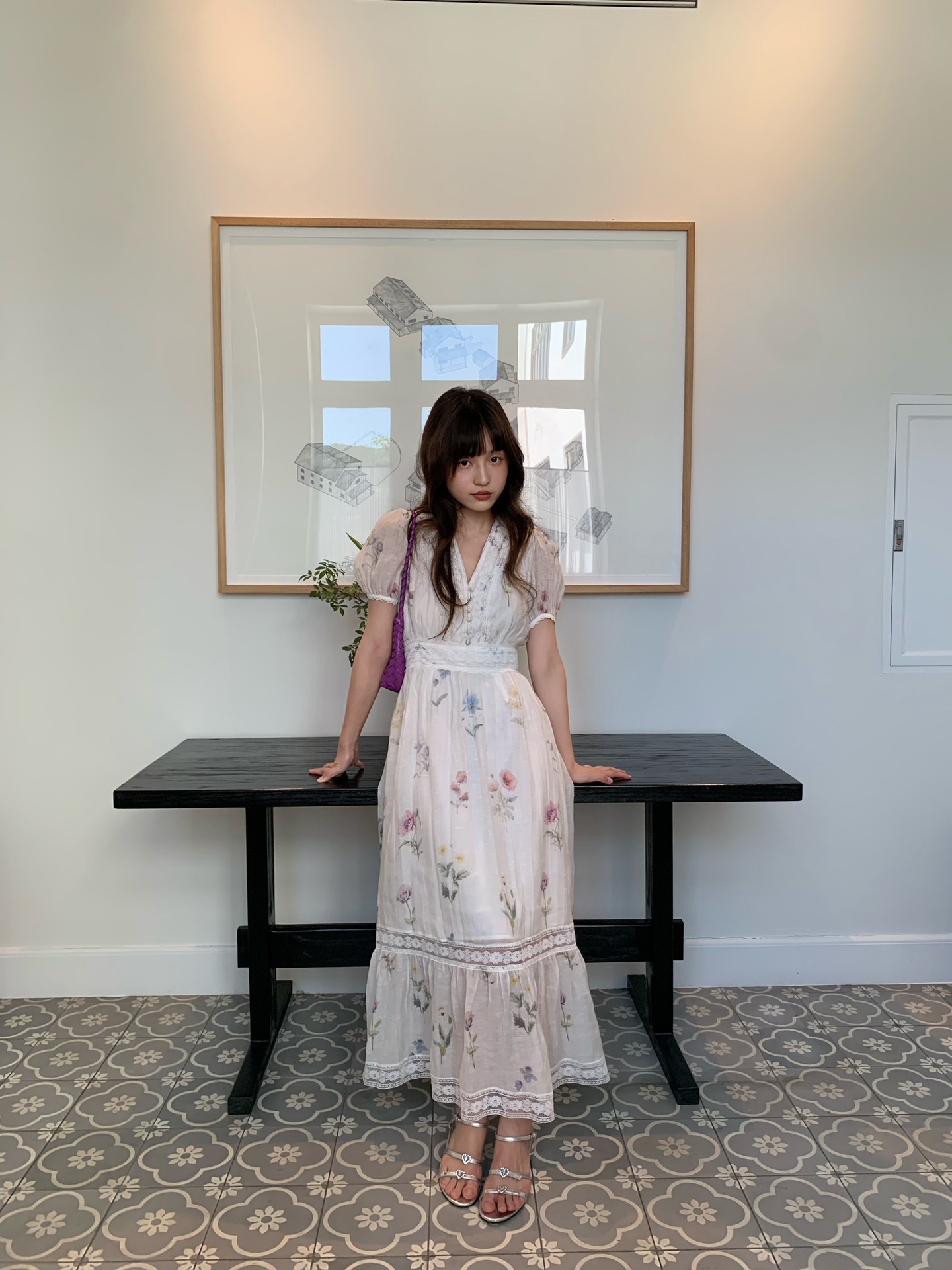 夏のフレンチ優しいハイウエストvネック花柄綿麻バブル袖ワンピースs5 676