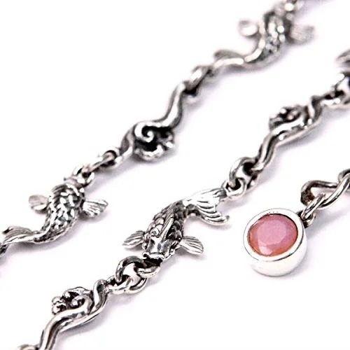 シルバー925 ブレスレット 和柄 和風 天然石 ローズクォーツ 鯉 波 メンズ ブレスレット