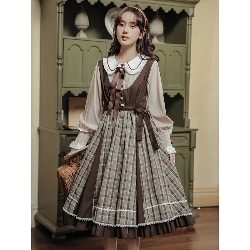 【急速出荷】送.料.無.料.ドールネックチェックパッチワークLolita ウエスト ワンピース