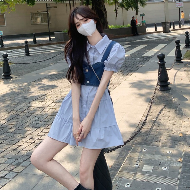 レディース 2点セット ワンピース ベスト ショート丈 半袖 パフスリーブ 襟付き 角襟 フレア Aライン ハイウエスト 前開き ボタン かわいい 大人可愛い シンプル カジュアル おしゃれ レトロ 5,442円