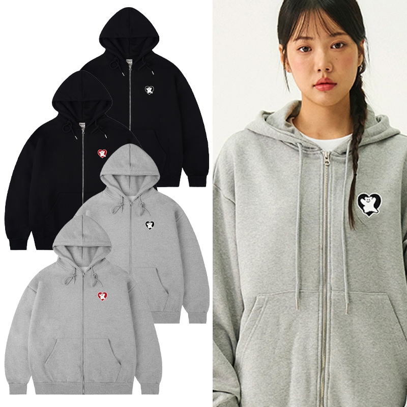[UNISEX] Bear Heart Embroidered Hoodie Zip-up_4color