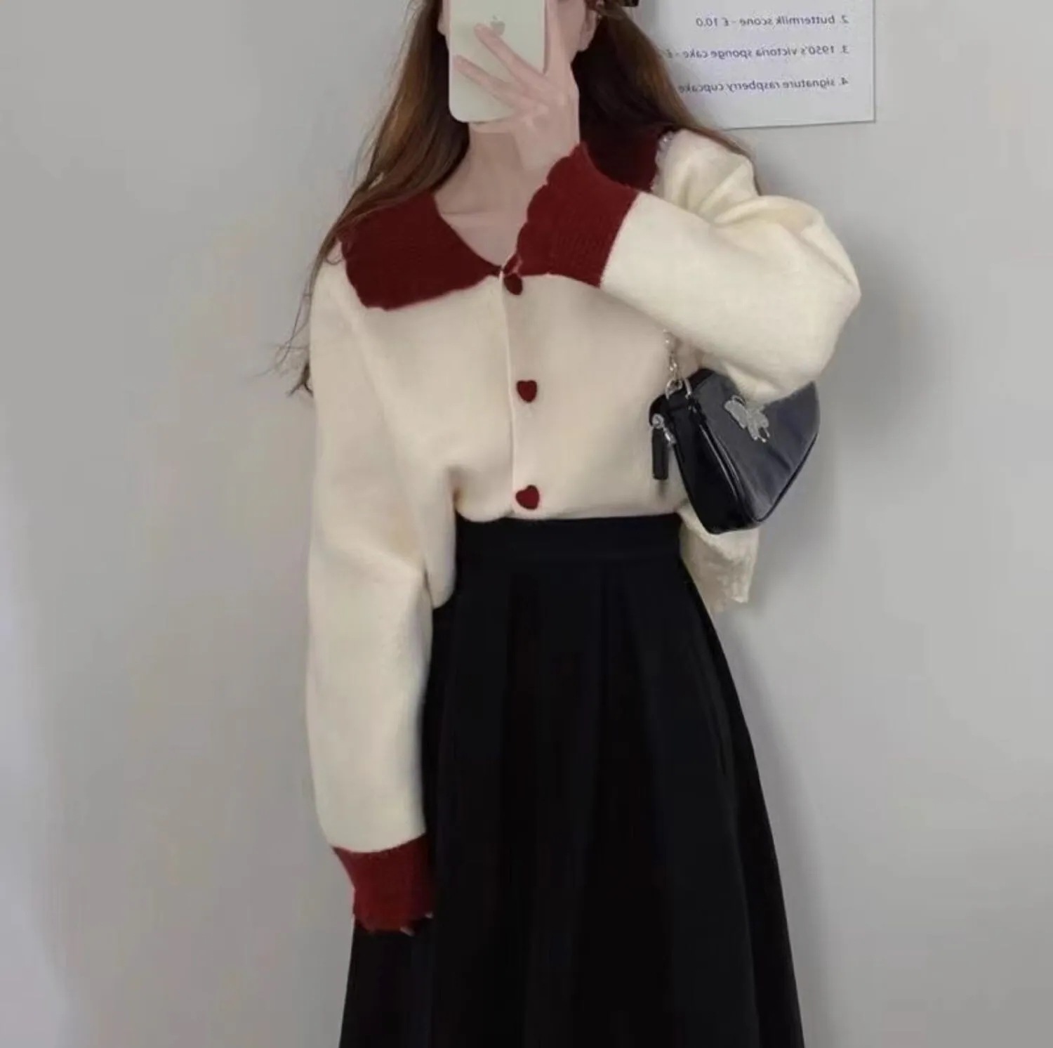 【セット】 スカート ボトムス カーディガン レディース 膝下 ミモレ 長袖 ボリューム袖 パフスリーブ Vネック 襟付き Aライン 韓国風 ハイウエスト 前開き ボタン かわいい 大人可愛い カジュ