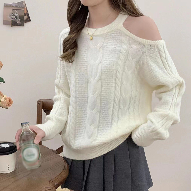 ニットセーター レディース オフショルダー セーター 長袖 ニット プルオーバー 肩出し トップス タイト セクシー ファッション 春 秋 冬 クルーネック 無地 可愛い ふんわり フリル かわいい