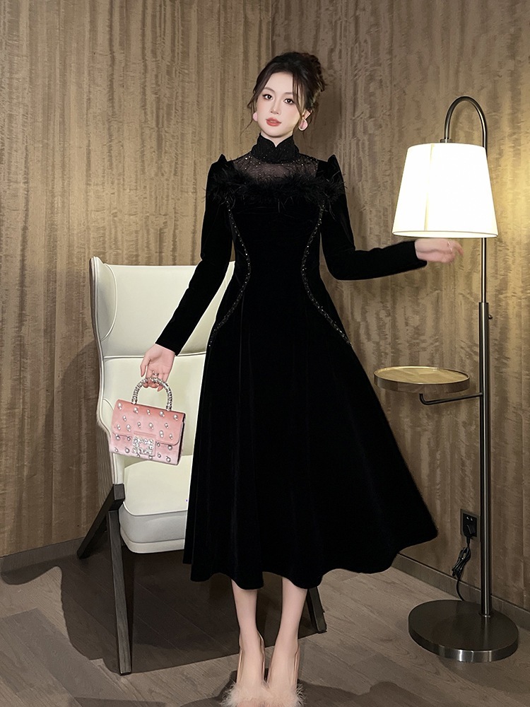 【JY.上品】 秋 ベルベット ロングワンピース 黒 ドレス パーティー キャバ 大人 同窓会 披露宴 卒業式 結婚式 演奏会 ウェディング 二次会 メガ割 5,872円