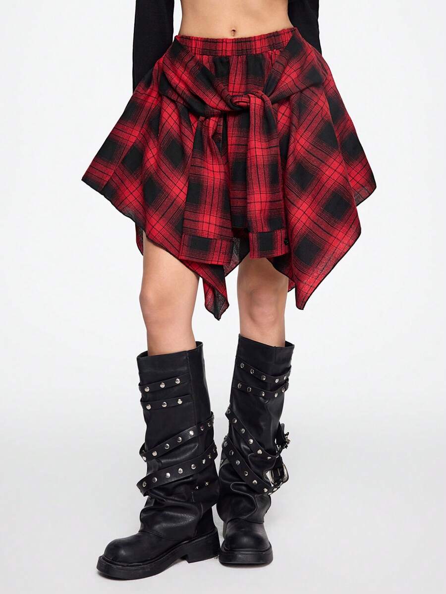 ROMWE Grunge Punk Kpopグランジ ヴィンテージ ダメージ加工 チェック柄 レースアップ アシンメトリー レイヤード ミニスカート