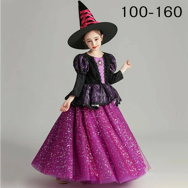お財布に優しいハロウィンコスプレ ハロウィン仮装 キッズ 子供服 ハロウィン 魔女 ウィッチ 女の子 パフスリーブ 長袖 帽子 レースアップ ロング丈 ペプラム ヴィランズ コスチューム 可愛い パー