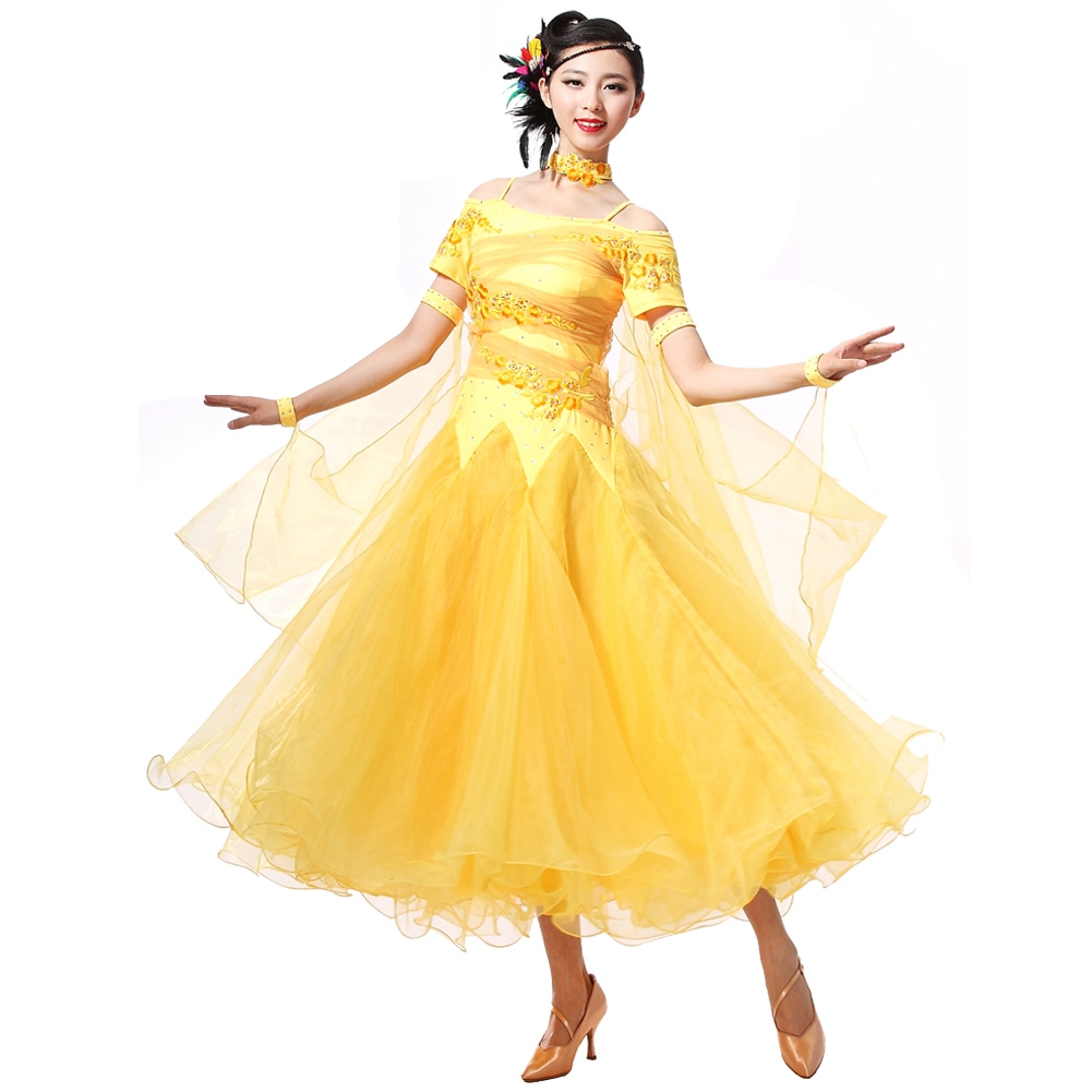 10色可選　社交ダンス モダンドレス ワンピースドレス 半袖　スタンダードドレス キラキラビジュー付き インターナショナルダンス 大きい裾 豪華 演出服 競技会 ワルツ服 競技用